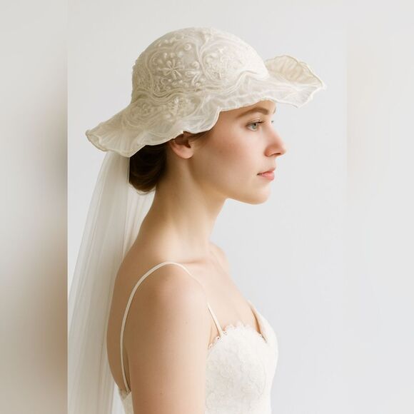 Vtg White Wedding Derby Hat Lace Beaded Veil Flower Applique Coquette Royalcore main image 8